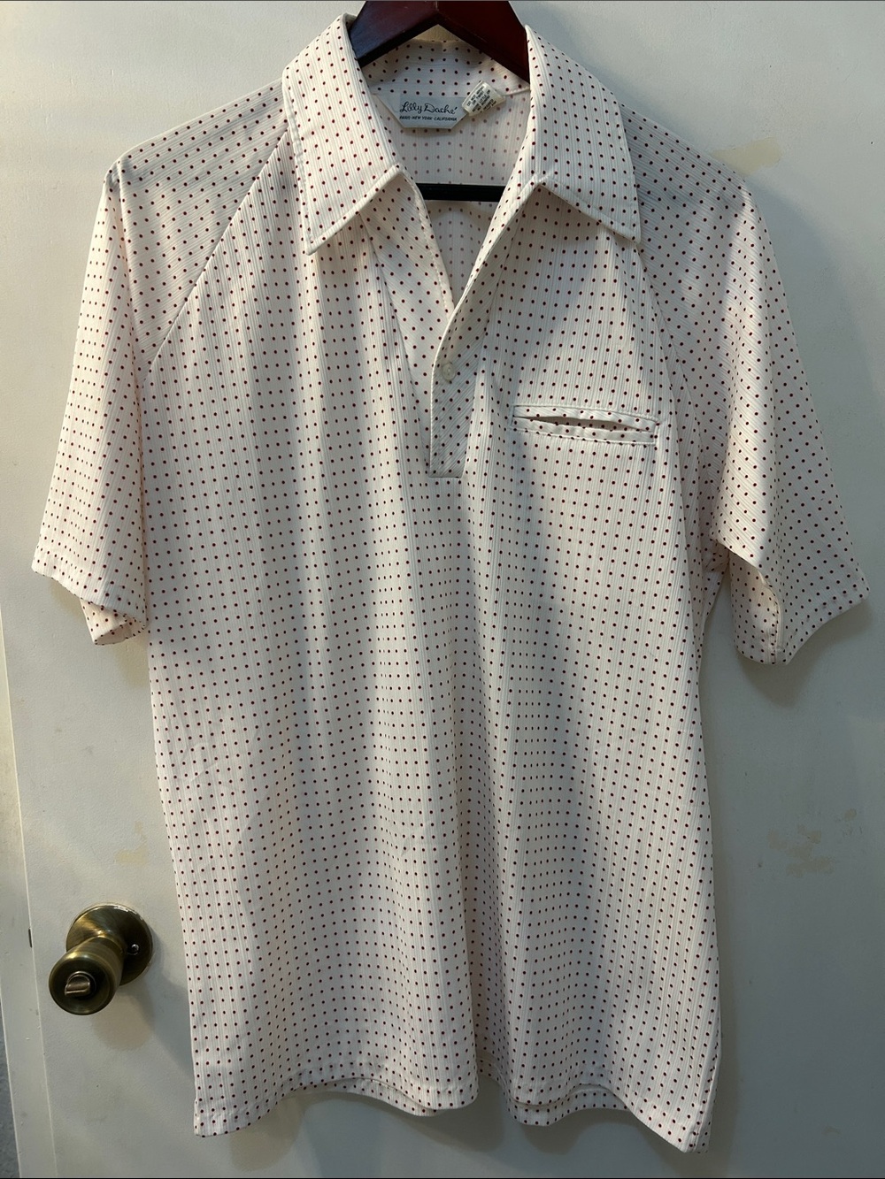 LILLY DACHE VINTAGE Cream Polo with Red Micro-Dot Print, Sz L